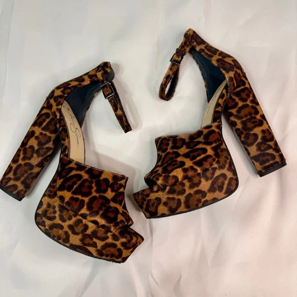 Jessica Simpson Leopard Print Platform Heels Open Toe - Real Cow Hair Fur - Picture 3 of 6